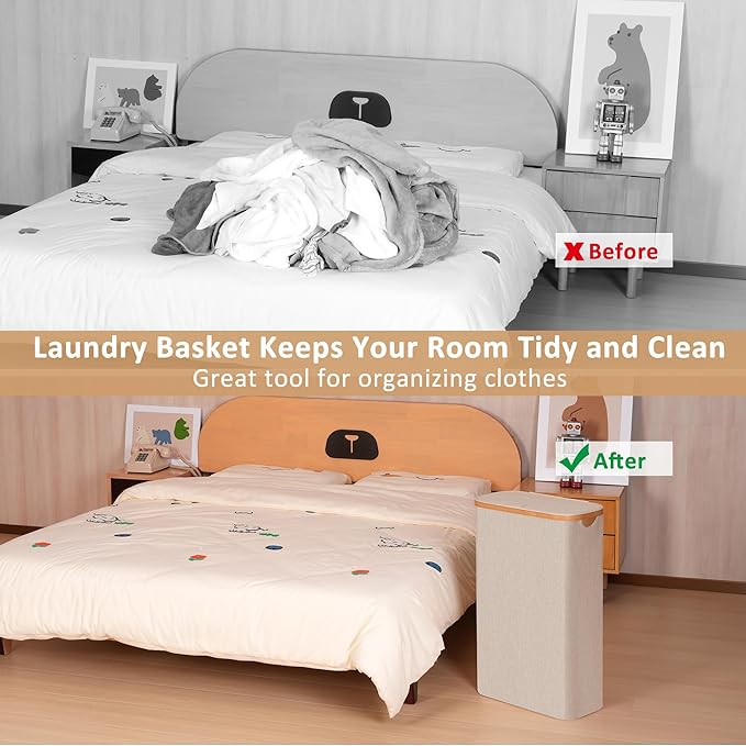 65L Slim Laundry Hamper, Narrow Laundry Basket with Lid,Foldable Clothes Hamper with Bamboo Handles,Hamper Basket with Removable Inner Bag for Laundry Room Bedroom College Dorm,Oatmeal
