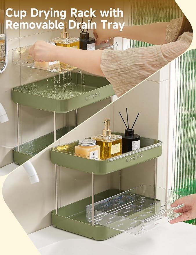 Countertop Coffee Station Organizer | 2-Tier Whisky Glass Tray, Mug Drying Shelf with Removable Drain Tray - Easy to Install, Clean - Spice Rack for Kitchen, Bathroom Counter Organzier