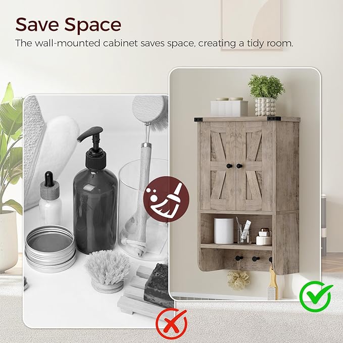 Bathroom Wall Cabinet, Farmhouse Medicine Cabinet with Adjustable Shelf, 3-Tier Wall-Mounted Storage Cabinet with 3 Hooks and Open Shelf, for Bathroom, Living Room, Kitchen, Greige