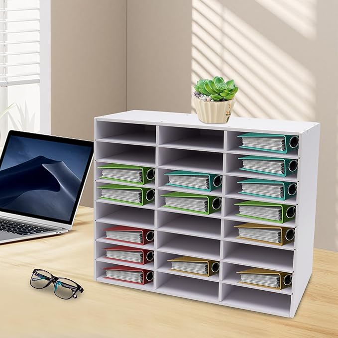 24 Compartment File Sorting Cabinet, Literature Organizer, Desktop File Rack, Desktop File Shelf, Office Mailbox for organizing homework, books, magazines in the classroom, office (White)