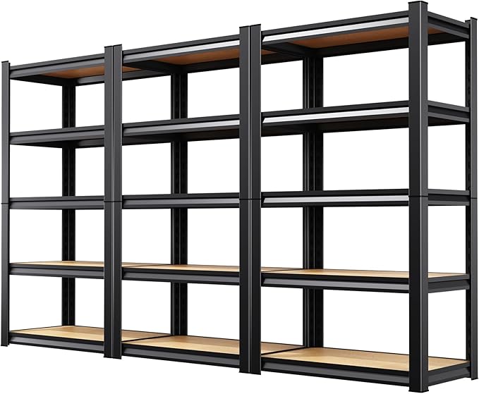 3-Pack 5-Tier Heavy Duty Garage Shelving Units - 71" H x 28" W x 12" D Adjustable Industrial Steel Metal Storage Rack Set for Warehouse, Pantry, Commercial Display & Basement, Black