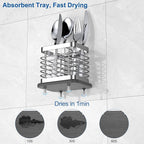 2 Slots Utensil Holder for Kitchen Counter, Small Stainless Steel Cutlery Holder Organizer with Drying Diatomaceous Earth Base, Utensil Drying Rack Spoon Fork Organizer Crock Storage, Sliver