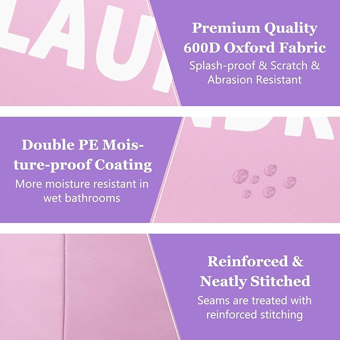 2Pack 125L Extra Large Laundry Baskets, Collapsible Laundry Hamper with Soft Handles, Dirty Clothes Basket in 600D Oxford Fabric, Sturdy Clothes Hampers for Travel, Family, Purple + Pink
