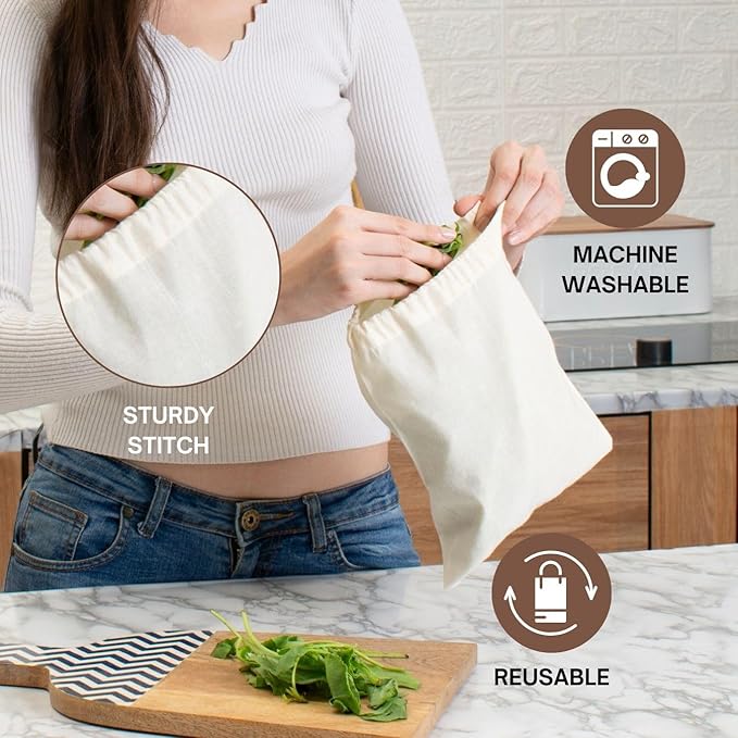 Premium Quality Extra Large 14"x17" Cotton Single Drawstring Muslin Produce Bags, Pack of 6, Multiuse - kitchen storage, Travel, Soap & Boot Storage, shoe bags - Natural