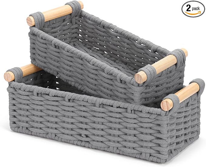 Boho Cotton Rope Storage Baskets Set of 2, Woven Wicker Organizer Bins with Wooden Handles, Small Decorative Boxes for Organizing, Toilet Paper Baskets for Bathroom Countertop, Shelves (Gray 2 Pack)