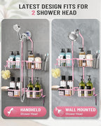 Adjustable Shower Caddy Hanging for Handheld Showerheads - Never Rust Shower Hanging Organizer, Upgraded Bathroom Shower Rack with Soap Basket, Hooks and Toothbrush Holder (Pink)