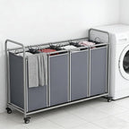 Laundry Basket, 4-Bag Laundry Hamper, Grey Laundry Sorter with Heavy Duty Lockable Rolling Wheels, Laundry Room Organization with Removable Bags Basket Separator for Dirty Clothes Storage