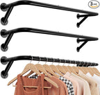 Pipe Clothing Rack - 37.5" Clothing Racks for Hanging Clothes with Dual Flange Base, Multifunctional Wall Mounted Clothes Rack for Bedroom, Entryway, Balcony, Black, 3-Pack