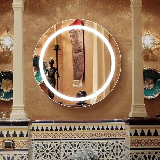 20inch Round Medicine Cabinet with Lights,Led Medicine Cabinet with Defogger,Illuminated Mirror Cabinet for Bathroom,Dimmable,Anti-Fog,3 Colors,Surface Mount Only,Gold