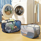 Foldable Laundry Basket Set of 4 - Popup Collapsible Design, Durable Mesh Material, Easy Carry Handles, Perfect for Home, Dorm, Travel - Beige, Navy, Black, Grey