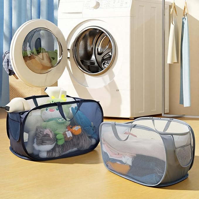 Foldable Laundry Basket Set of 4 - Popup Collapsible Design, Durable Mesh Material, Easy Carry Handles, Perfect for Home, Dorm, Travel - Beige, Navy, Black, Grey