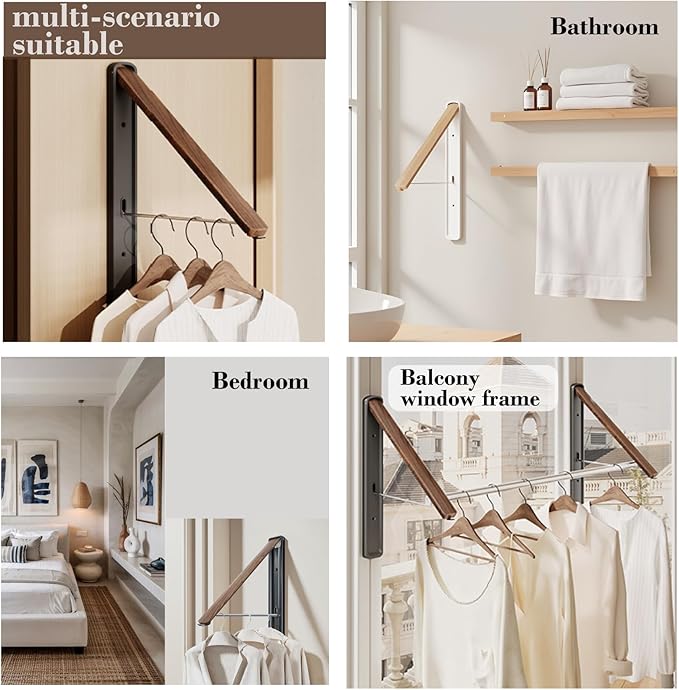 Retractable Wall Mounted Drying Rack - Foldable Clothes Hanger in Walnut or Oak Color for Laundry Room, Closet & Balcony (Oak, 2 Racks + Rod)