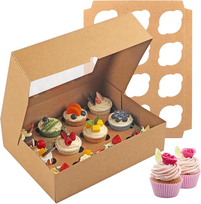 Cupcake Boxes 12 Count, 2 Pack Disposable Cupcake Containers, Food Grade Cupcake Carrier with Window and Inserts, Cupcake Transport Holders Bulk for Muffins Cookies Treats Dessert（Brown）