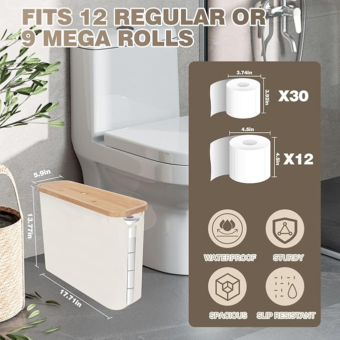 SOLY Slim Toilet Paper Storage Basket with Lid - Stackable & Foldable Organizer for 12 Mega Rolls, Waterproof Bathroom Storage, Beige
