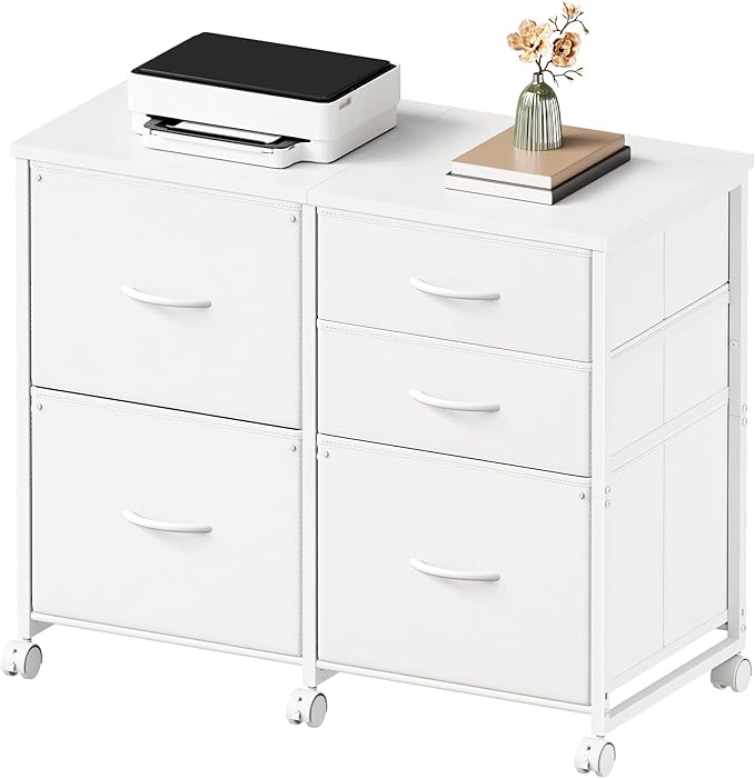 Lateral File Cabinet with 5 Drawers Rolling Filing Cabinets Under Desk Storage Printer Stand with Wheels,Mobile File Cabinet for Home Office,White
