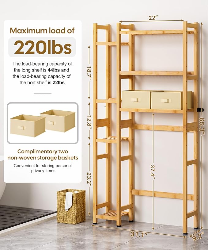 Homde Over The Toilet Storage with Basket and Drawer, Bamboo Bathroom Organizer with Adjustable Shelf & Waterproof Feet Pad, Space Saver Rack for Restroom, Laundry,Natural