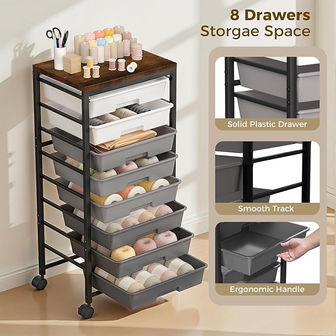 Rolling Cart with 8 Drawers, Plastic Drawer Storage Carts with Wheels & Wooden Tabletop, Metal Utility Cart Organizer for Bedroom Living Room Office Classroom Craft Organization and Storage, Grey