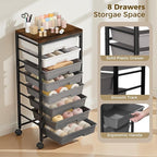 Rolling Cart with 8 Drawers, Plastic Drawer Storage Carts with Wheels & Wooden Tabletop, Metal Utility Cart Organizer for Bedroom Living Room Office Classroom Craft Organization and Storage, Grey