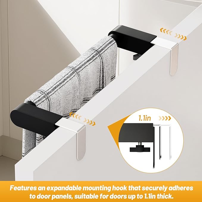VEHHE Kitchen Towel Holder, Hand Screwed Telescopic Kitchen Towel Rack No Tools Required, Adjustable Length and Width Over The Cabinet Door Towel Rack with EVA Foam Pad (Black)