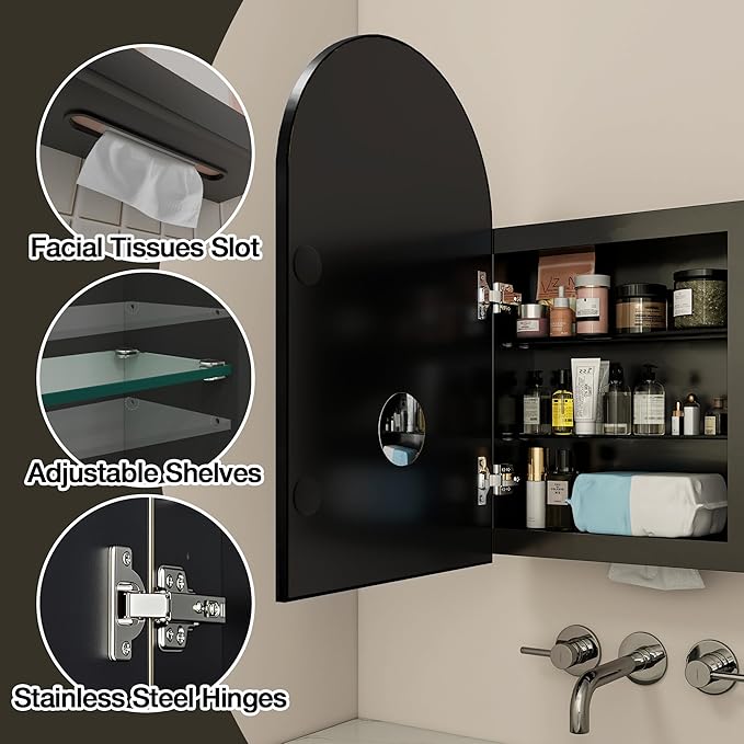 Arched Medicine Cabinet Mirror No Assembly Needed Bathroom Mirror with Storage Recessed or Surface Mount Options (Black, 25.6" L x 15.8" W)
