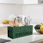 Suli Extra Large Kitchen Utensils Holder with 4 Compartments, Wooden Utensil Organizer for Kitchen Countertop, Farmhouse Decor, Rustic Cooking Utensil - Green grain
