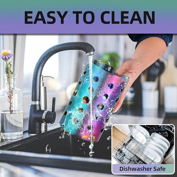 QRU Kitchen Utensil Holder for Countertop (H6.7” x W4.1”), Stainless Steel Cooking Utensil Caddy for Tools, Spatulas, Spoons, Silverware & More, Cooking Utensil Organizer, Kitchen Decor (Rainbow)