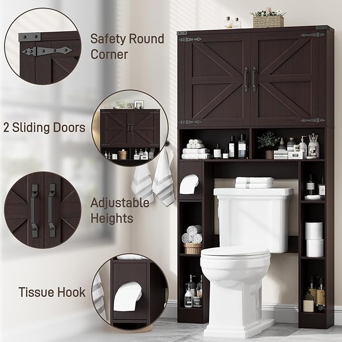 Vabches Over The Toilet Storage Cabinet, Farmhouse Storage Cabinet Over Toilet with 2 Barn Doors ，Toilet Paper Holder Stand，Home Space-Saving Toilet Rack, for Laundry, Restroom, Bathroom(Walnut)