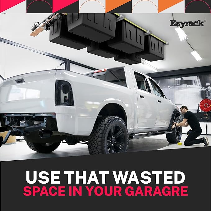 Adjustable Overhead Tote Rail System. Garage Bin Storage. Tote Lift Pro Storage Rack. Ceiling Mounted Bin Organizer – Heavy Duty Ezy Strut & Hat Channel Design – 90" x 25" x 4" (Pack G)
