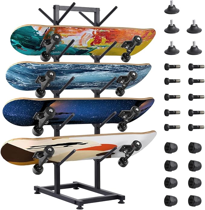 5 Tier Freestanding Skateboard Rack Double-Sided 50x30x110cm Heavy Duty Skate Board Display Hanger Rack Hold 10 Storage Longboard Deck Organizer for All-Mountain, Wide, Powder, Back-country Skis