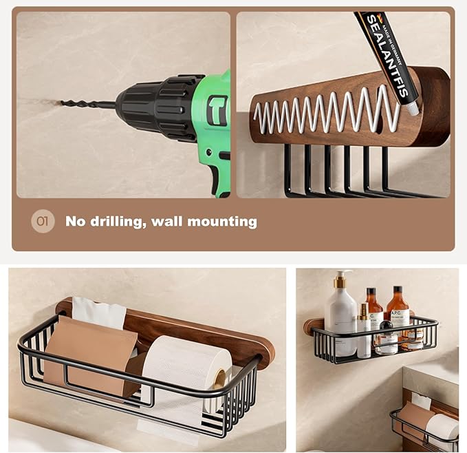 Bathroom Shelves,Toilet Paper Holder Wall Mount,Walnut Wooden & Aluminum Shelf Organizer Rack, Large Capacity No-Drill Rack Storage