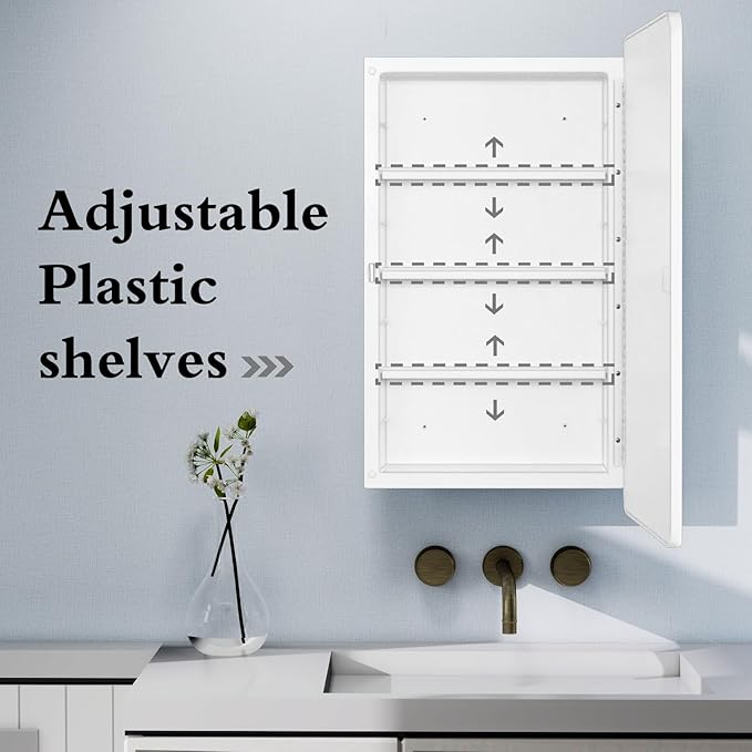 Fundin White Plastic Medicine Cabinet, Mirror Door with Round Corner Metal Frame, Recessed and Surface Mount Bathroom Wall Medicine Cabinet, 16 x 28 inch Mirror Size