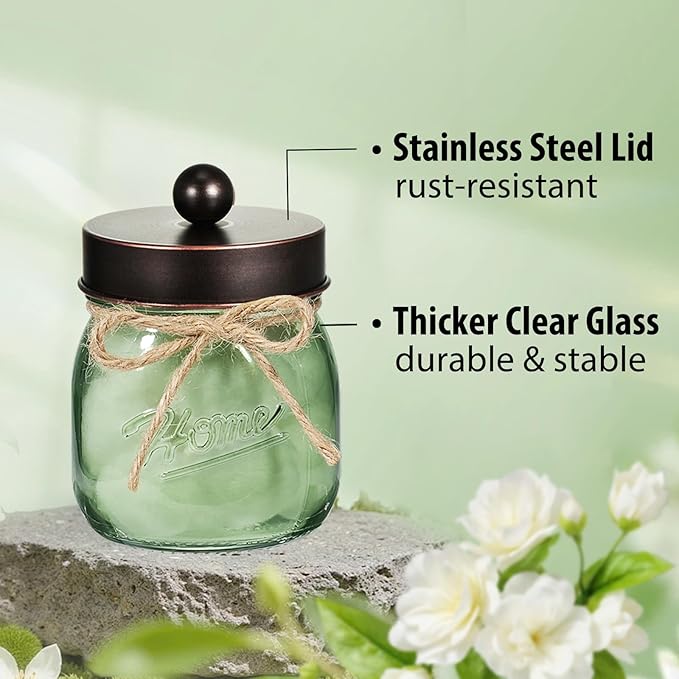 SheeChung Green Glass Qtip Holder Dispenser, Mason Jar Apothecary Jars with Lids, Bathroom Organizers and Storage, Vanity Countertop Canisters Set for Cotton Swab, Ball, Pad, Floss Pick-ORB, 2 Pack