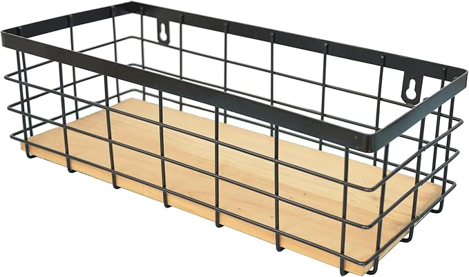 Metal Wire Basket Detachable Wood Base Storage Organizer Farmhouse Hanging Basket for Kitchen Cabinets, Bathroom, Pantry, Laundry Room,1 Pack in Black Color,Medium Size