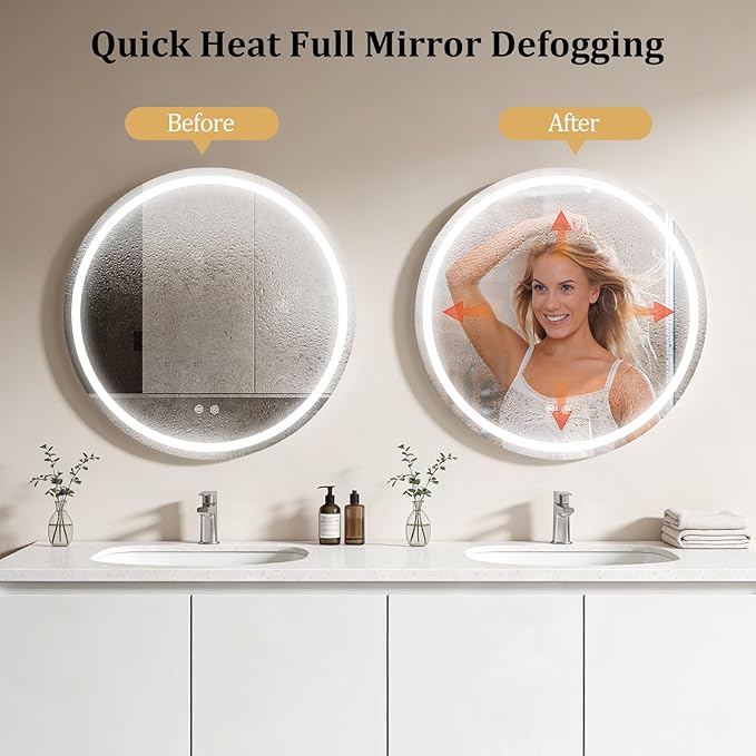WallBeyond 28 in Round LED Medicine Cabinet with Mirror, Black Bathroom Cabinet with Storage, 3 Color Stepless Dimmable Lights, Anti-Fog, Memory Function, Hardwired, Surface Mount
