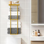Towel Racks for Bathroom, 3 Tier Metal Towel Holder, with Shelf & 6 Hooks, 29 inch Wall Mounted Towel Storage, 6 Large Bath Towels Capacity,Small Bathroom Towel Rack for Rolled Towels, Gold