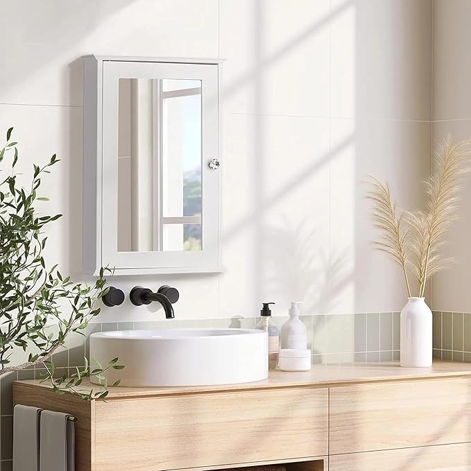 Karl home Wooden Medicine Cabinet White Wall Mounted Bathroom Cabinet with Single Mirror Door & Adjustable Shelves for Bathroom, Living Room, Entryway
