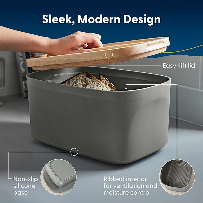 Sonder Los Angeles Union Large Bread Box | Fits Full Sourdough Loaves and More | Breadbox with Cutting Board | Homemade Bread Bin Storage Container | 14.25x9.25x7 in | Charcoal