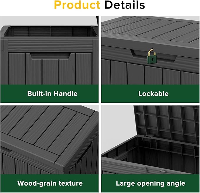 EasyUp 45 Gallon Outdoor Storage Box, Resin Waterproof UV-Resistant Deck Box, Reinforced Stability for Patio, Garden, and Poolside, Striped Black