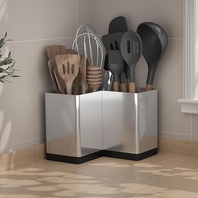 Suli Utensil holder,Kitchen Utensil Organizer for Corner Countertop,Extra Large Silverware Organizer with 3 Compartments,Farmhouse Decor,Iron,Silvery