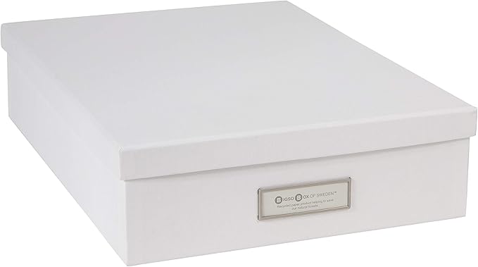 Bigso Oskar Fiberboard Label Frame Document Letter Box - File Organizer Box for Important Paperwork - Durable Document Storage with a Lid & Metal Label Window - 3.3 in x 10.2 in x 13.8 in - White