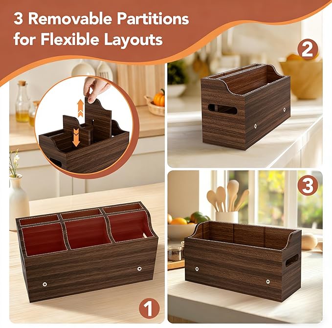 Wooden Utensil Holder for Kitchen Counter, Large Divided Utensil Crock with Removable Compartments, Farmhouse Cooking Utensil Organizer with Spoon Rest & Wall Mount Option