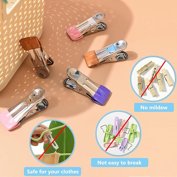 Clothes Pins for Hanging Clothes, 64 Pack Stainless Steel Colored Clothespins for Laundry, Heavy Duty Clothing Pins for Clothes Line, Multipurpose Metal Clips for Clothes, Socks, Towel, Snack, Photo