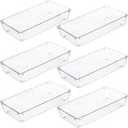 Kingrol 6 Pack 12 x 6 x 2 Inch Clear Drawer Organizer Trays, Desk Drawer Divider Storage Bins, Storage Box Set for Utensils Junks Vanities Makeups Jewelry Office Craft Supplies