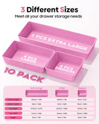 10 Pack Large Size Plastic Drawer Organizers Set, 3 Sizes Desk Drawer Organizer Trays, Storage Bins for Vanity, Makeup, Bathroom, Kitchen Utensils and Office (Pink)
