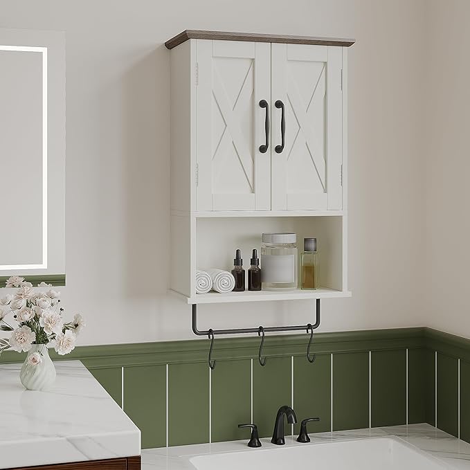 ChooChoo Farmhouse Medicine Cabinet, Bathroom Wall Cabinet with Adjustable Shelf, Towel Bar, 3 Hooks, Over The Toilet Storage Cabinet for Bathroom, Kitchen, Antique White & Brown