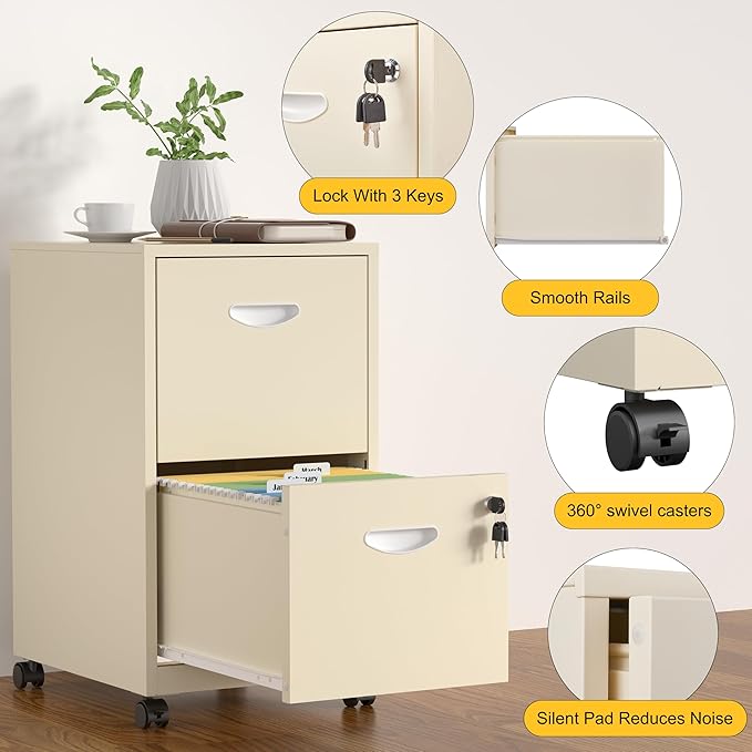 2 Drawer File Cabinet with Lock，Cream Rolling File Cabinet for Home Office, Metal Small Mobile Filing Cabinets on Wheels for Hanging Letter