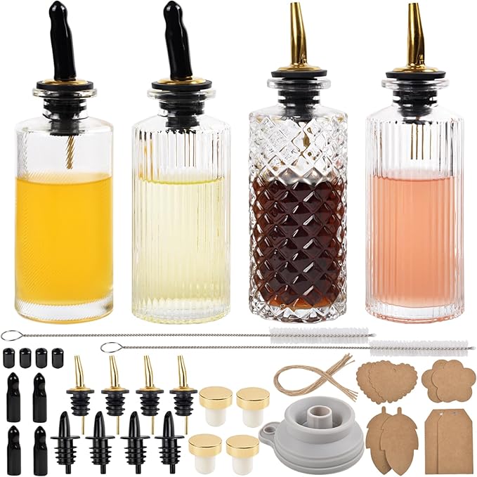 ChezMax Syrup Dispenser Bottles Set of 4, Simple Syrup Bottle for Coffee Bar Accessories, 5oz Glass Coffee Syrup Dispenser Syrup Containers for Maple Honey Syrup Oil, Metal Pour Spouts & Labels