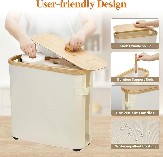 Toilet Paper Storage Basket, Toilet Paper Organizer with Bamboo Lid Handle for Bathroom, Free Standing Toilet Paper Holder Tissue Bin with Visualisation Window (Beige)