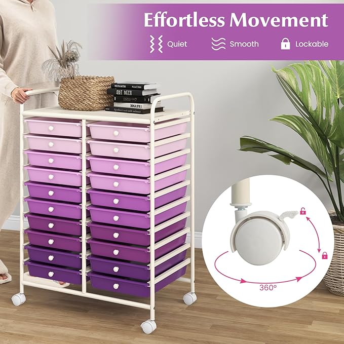 GOFLAME 20-Drawer Rolling Storage Cart, Multifunctional Art Craft Organizer Cart, Mobile Utility Storage Cart with Removable Drawers & Lockable Wheels, Craft Cart for Home Office, Purple Gradient