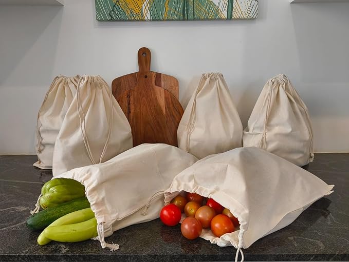 Premium Quality 8"x10" Cotton Single Drawstring Muslin Produce Bags, Pack of 12, Multiuse - kitchen storage, Travel, Soap & Boot Storage, shoe bags - Natural